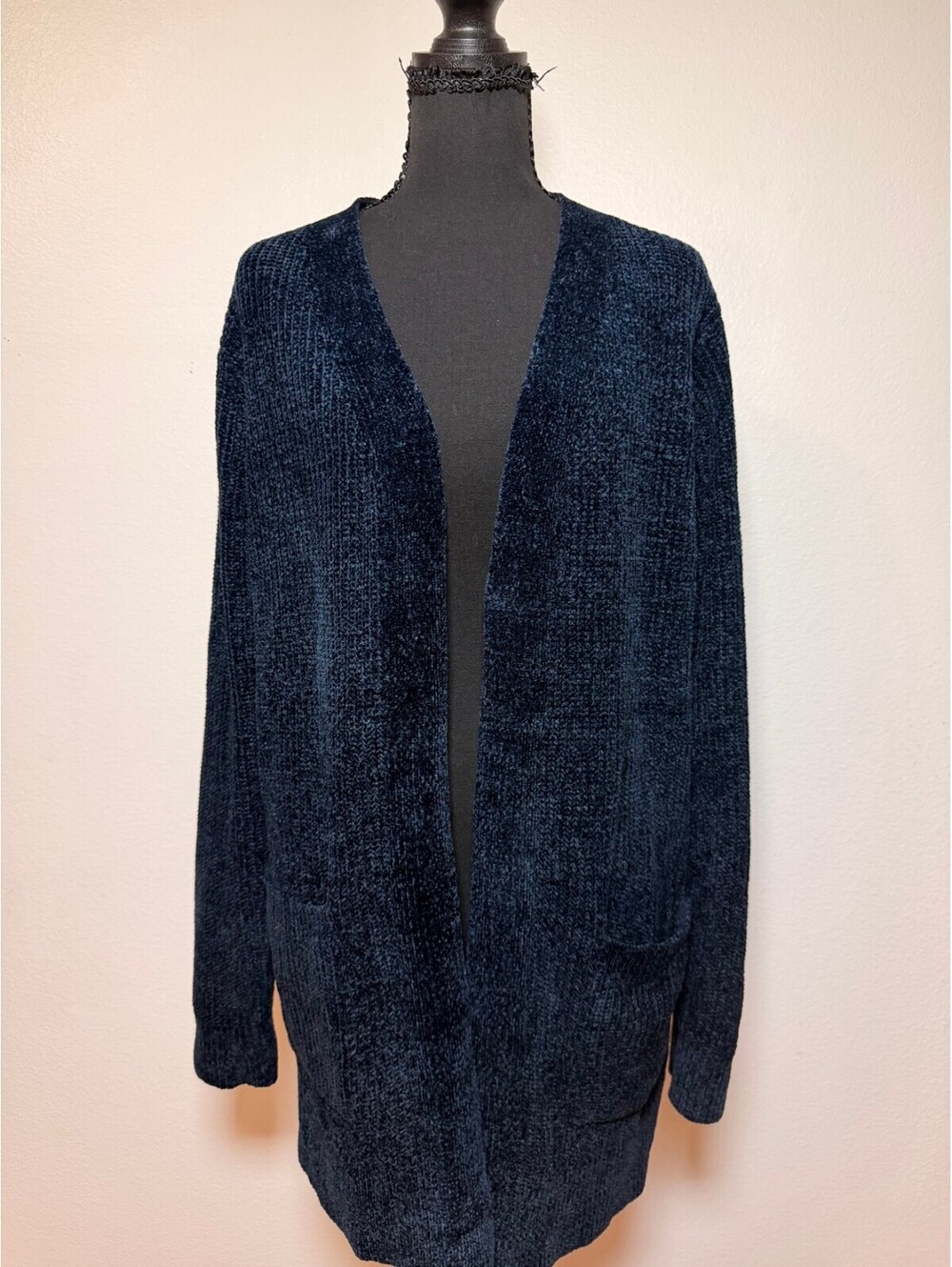 matty m Navy Chenille Open Front Cardigan L Pockets Cozy Fall Winter